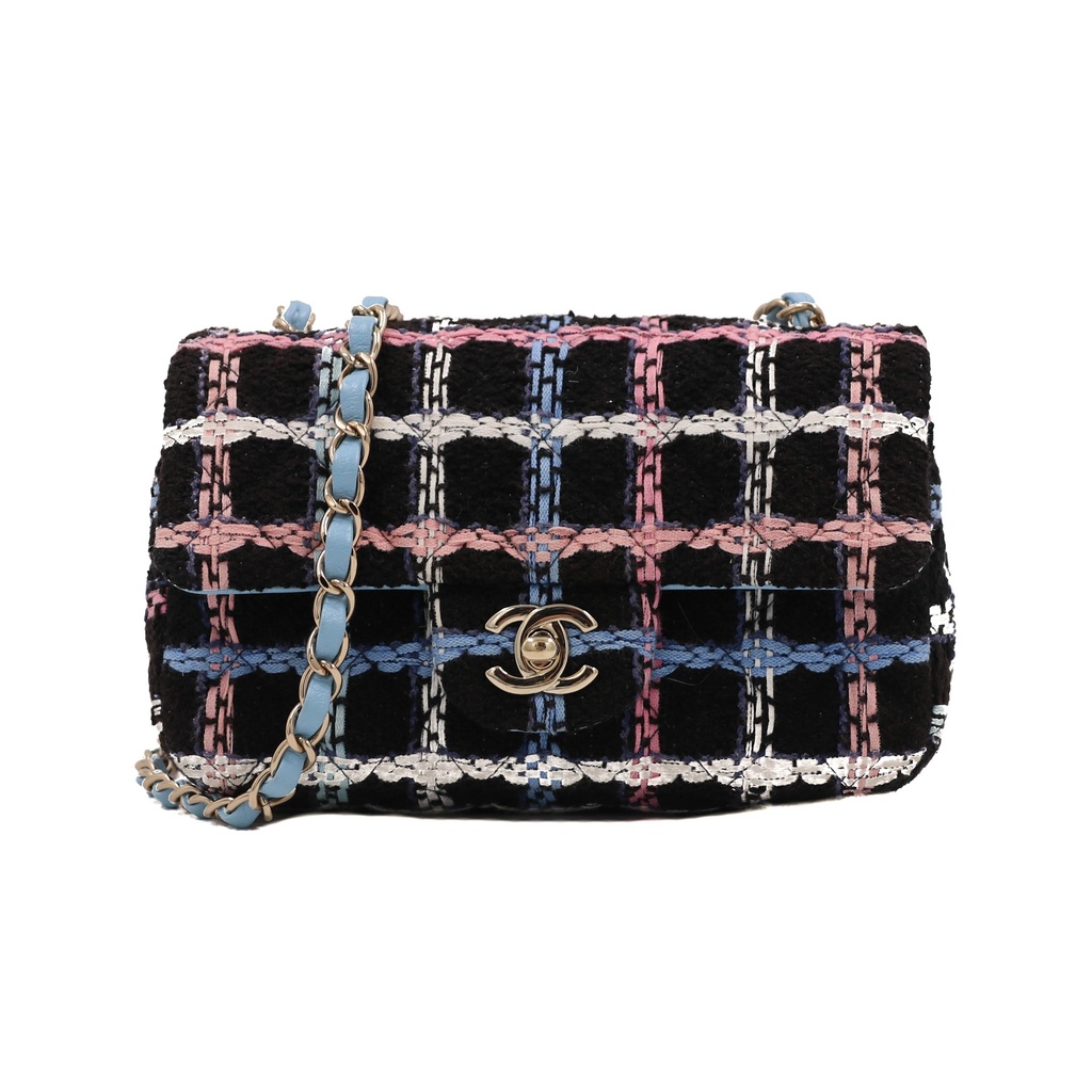 Chanel Pink & Blue Tweed Mini Rectangular Classic Flap