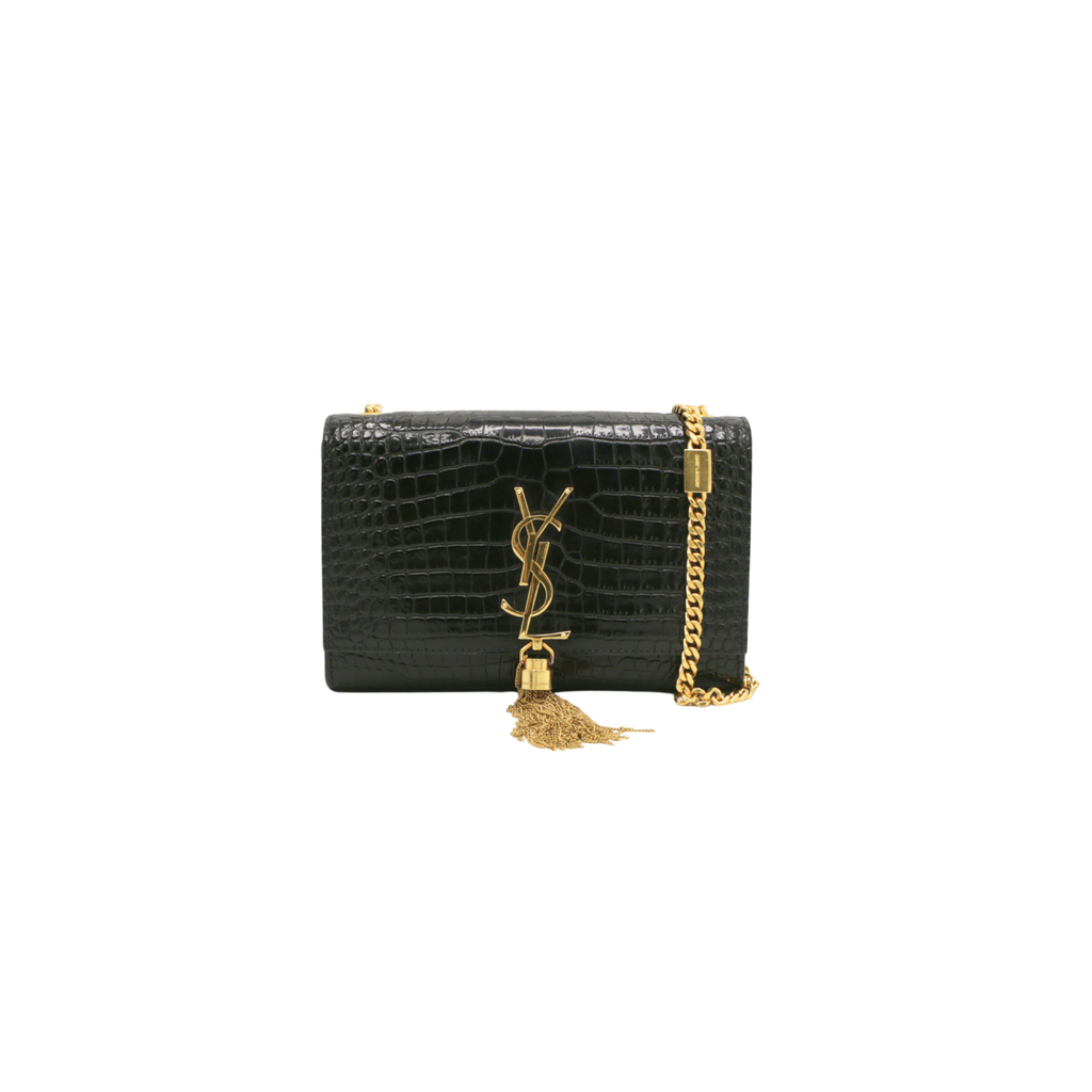 [Yves-Saint-Laur-25633] Yves Saint Laurent Kate Croc Embossed Black Leather Bag
