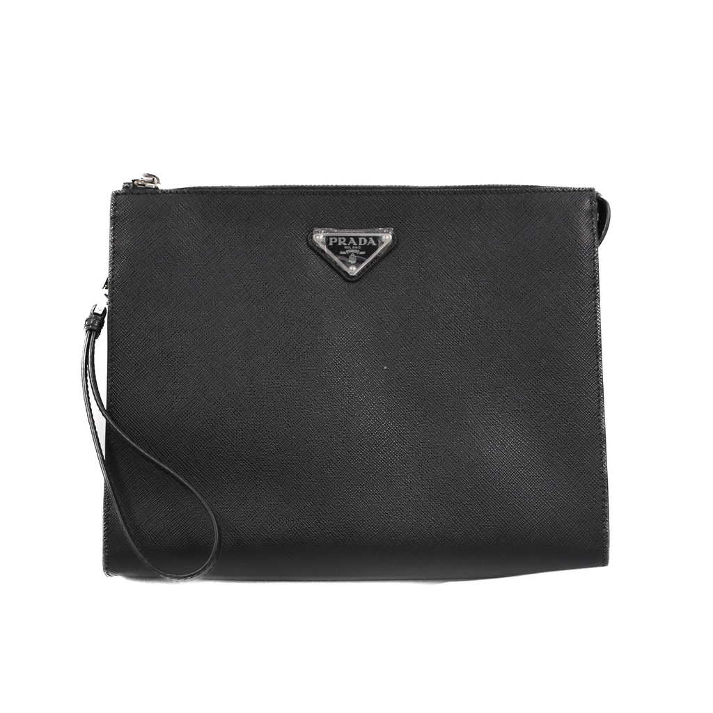 Prada Black Saffiano Leather Men Wristlet Pouch