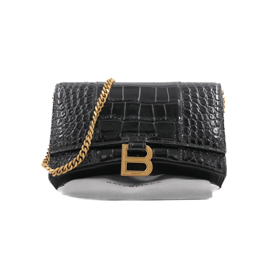 Balencia Hourglass Wallet On Chain in black croc-effect leather