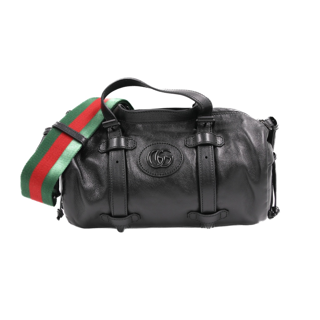 [Gucci-25962] Gucci Black Leather Duffle Bag with Web Strap 725701