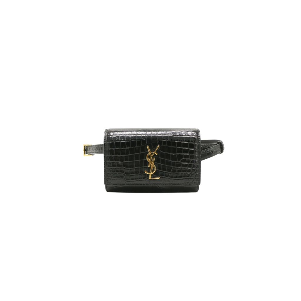 [Yves-Saint-Laur-26395] Yves Saint Laurent Kate Black Crocodile Embossed Leather Belt Bag