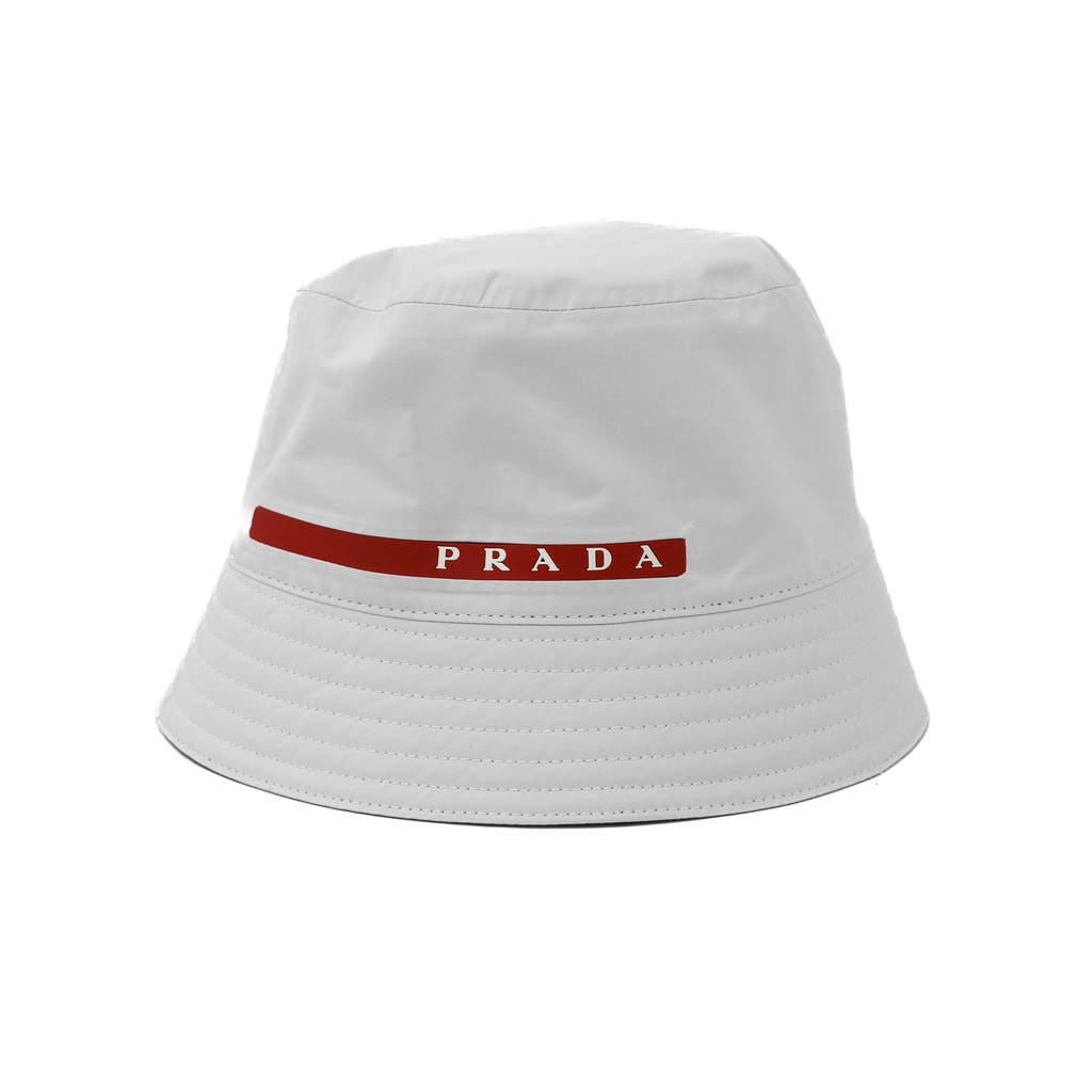 Prada Re-Nylon Bucket Hat White with Logo tab