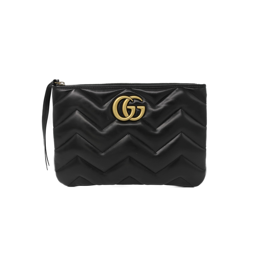 [Gucci-26749] Gucci GG Marmont Black Chevron Leather Clutch