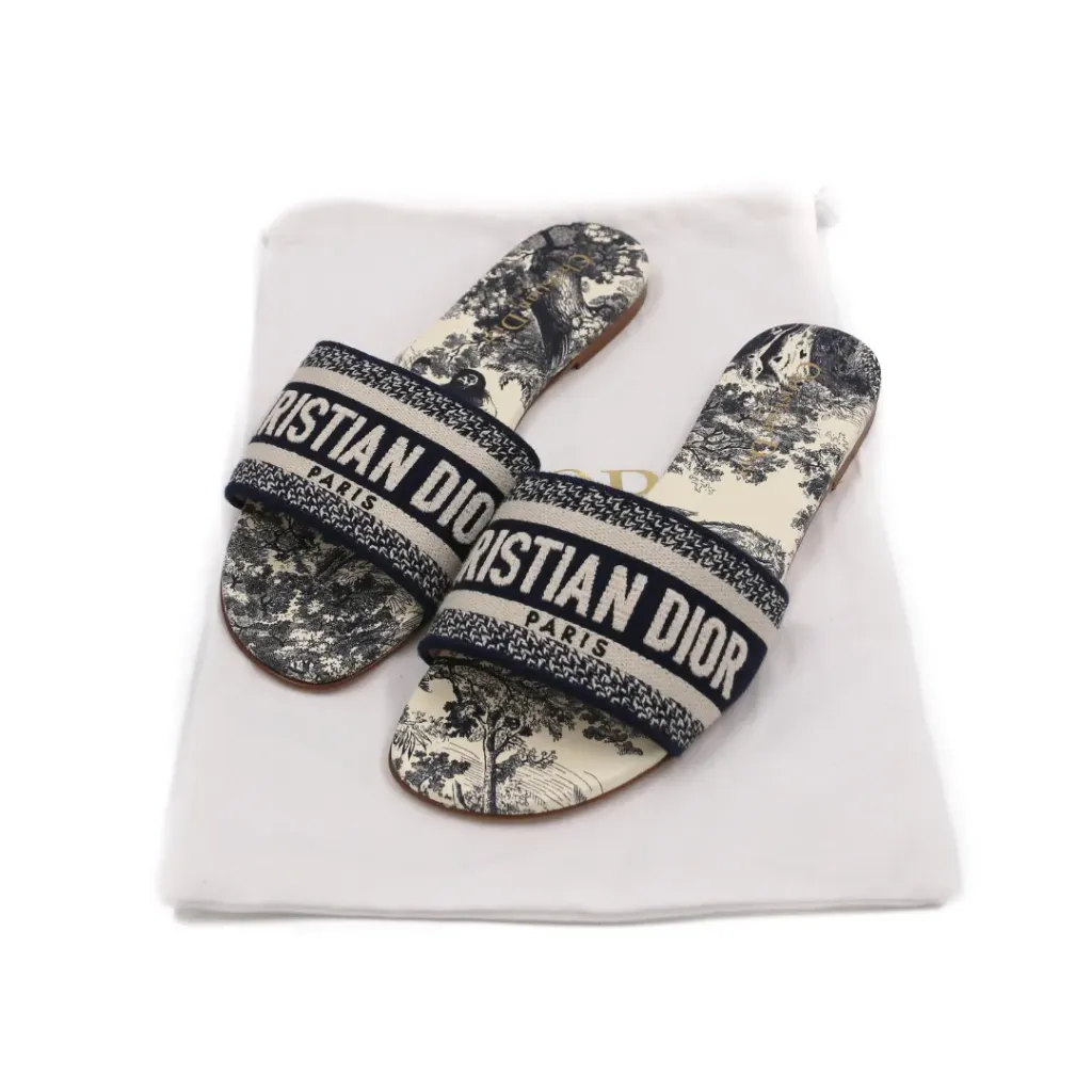 [Christian-Dior-27091] Christian Dior Dway Slide Vibrant Blue Embroidered Cotton And Toile de Jouy Size 36