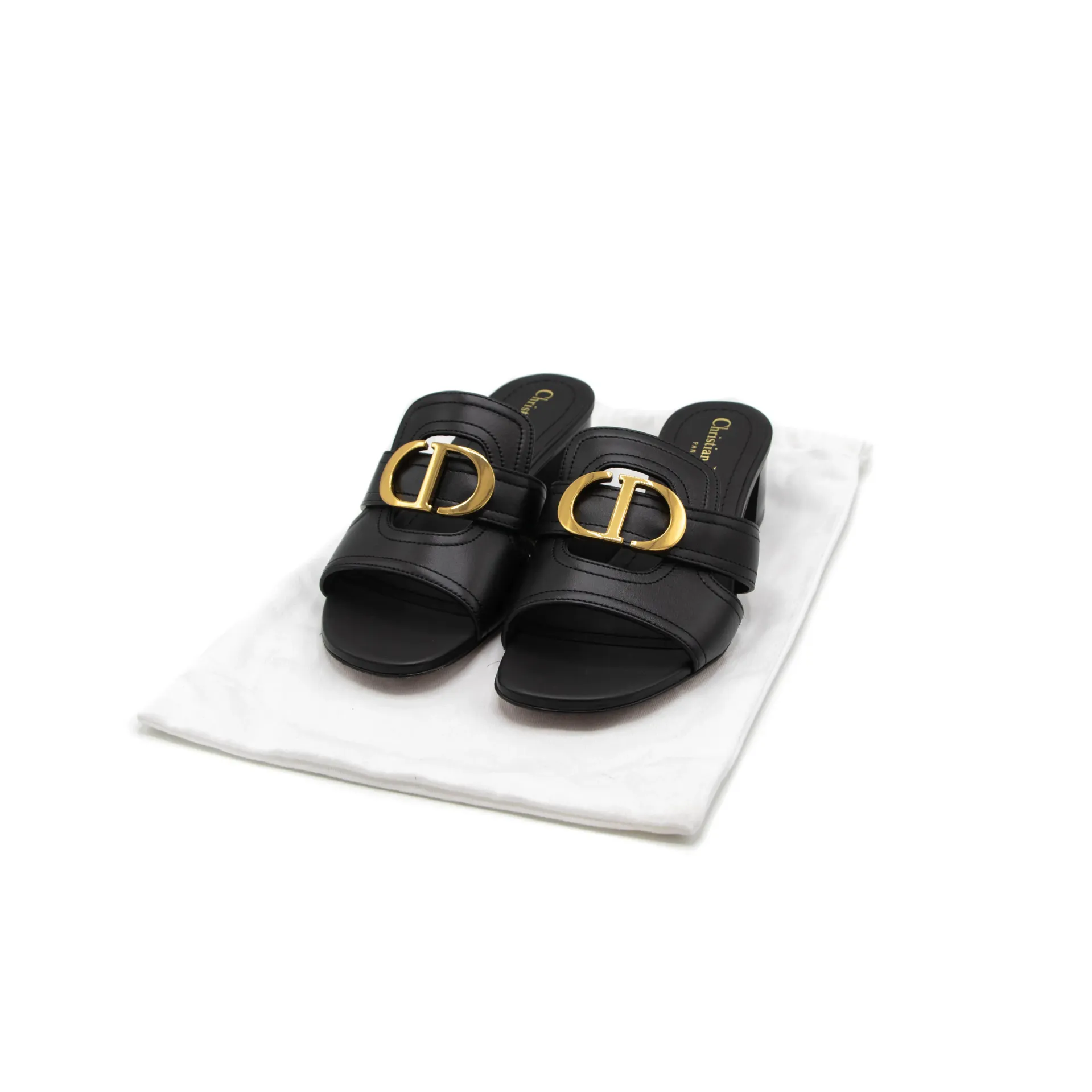 [Christian-Dior-27096] Christian Dior 30 Montaigne Heeled Slide Black Calfskin Size 39 1/2