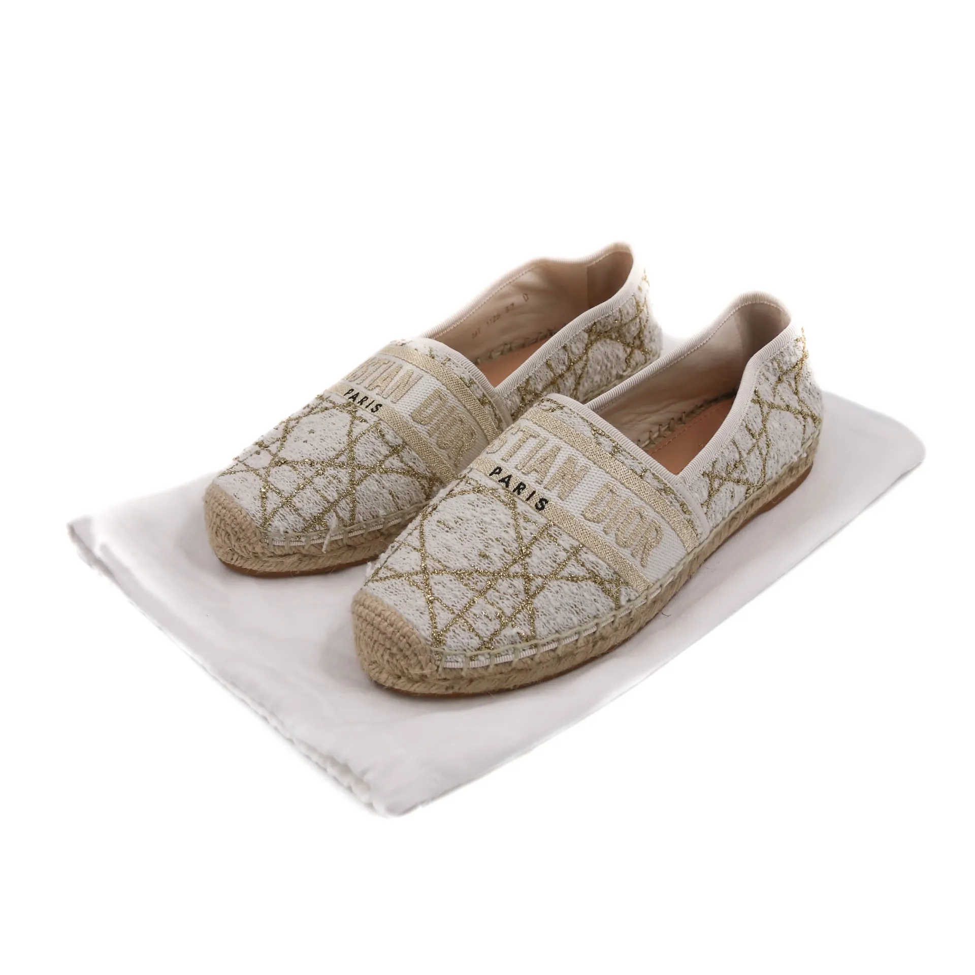 [Christian-Dior-27545] Christian Dior Graville Espadrille White Cannage Tweed and Gold-Tone Metallic Thread Size 38