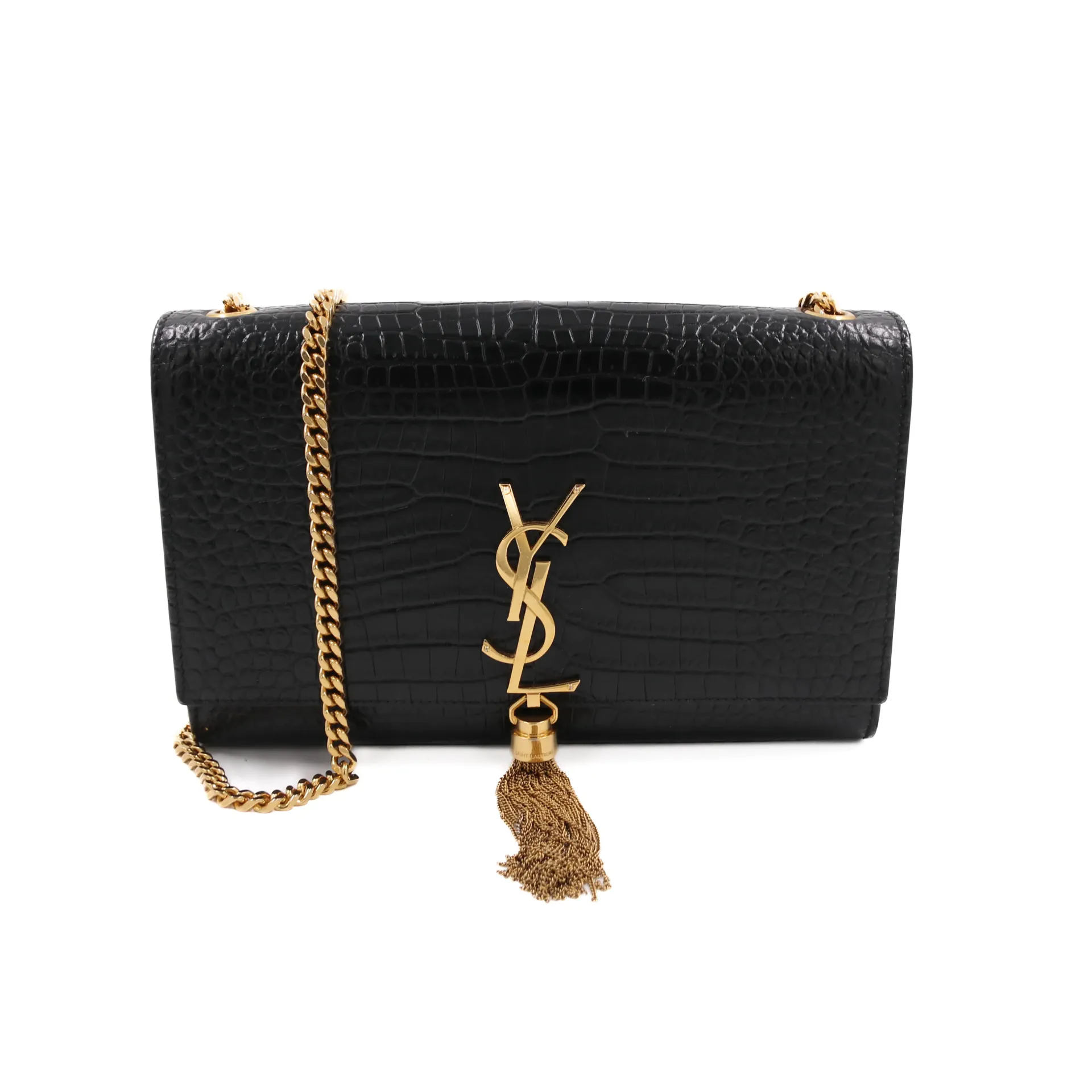 [Yves-Saint-Laur-28059] Yves Saint Laurent Crocodile-Embossed Leather Medium Kate Tassel Bag Black