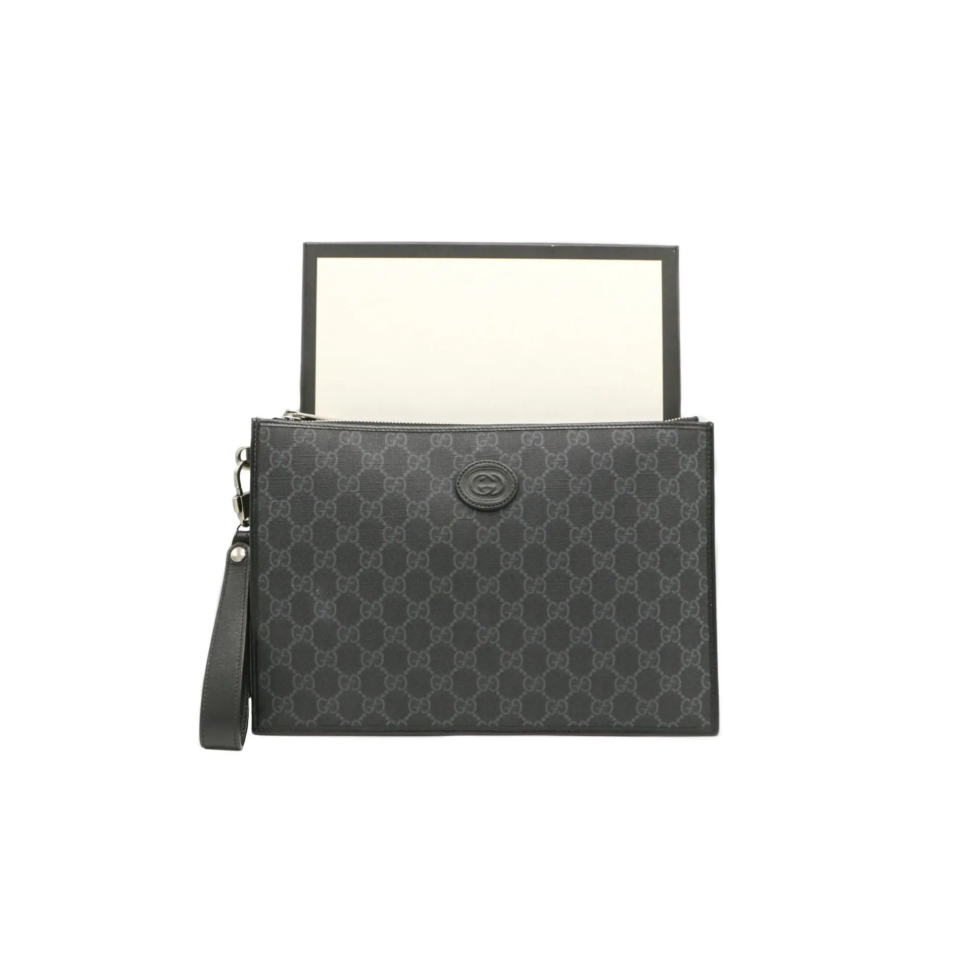 Gucci GG Supreme Monogram Zip Wristlet Black Pouch 672953