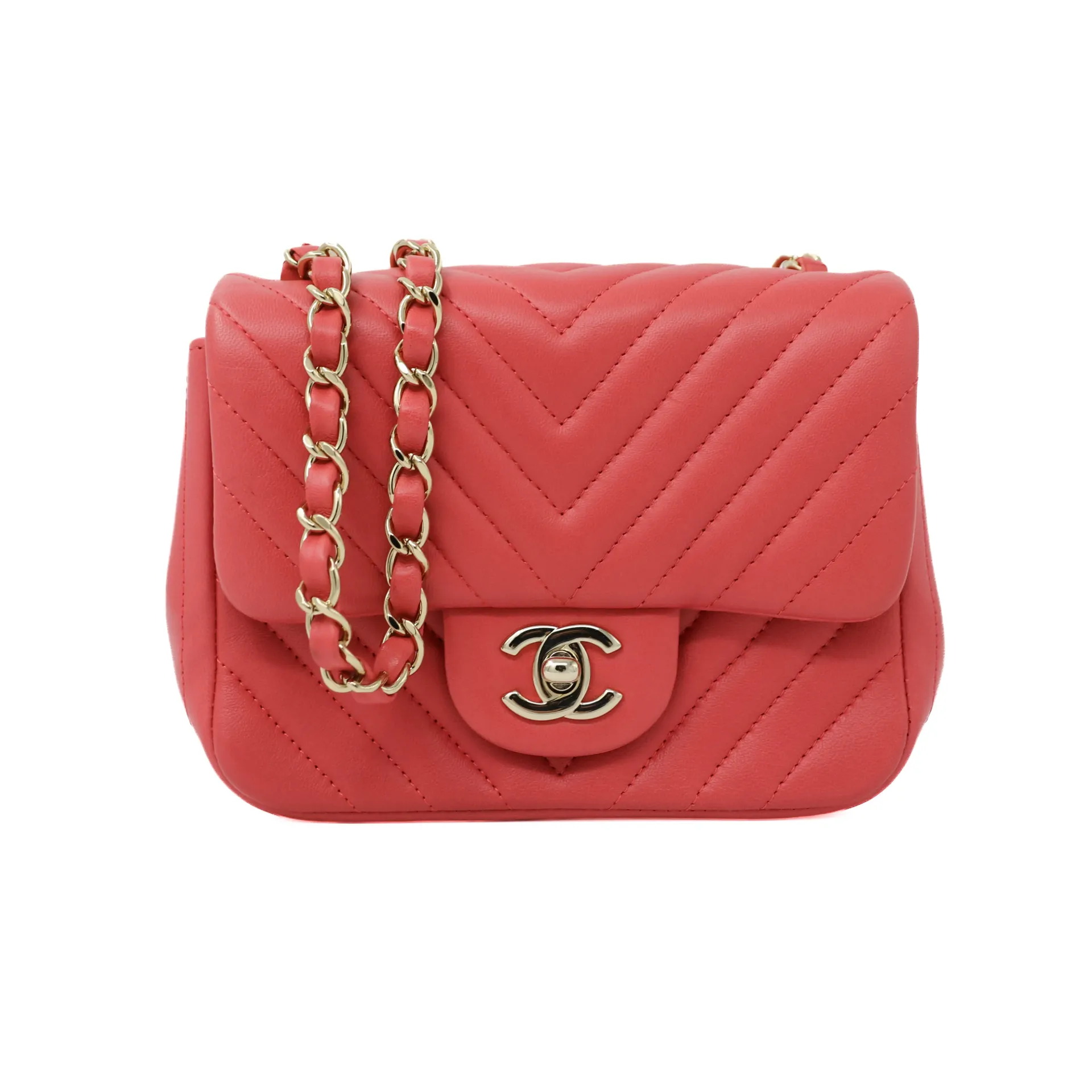 Chanel Chevron Quilted Lambskin Mini Square Bag in Red Coral