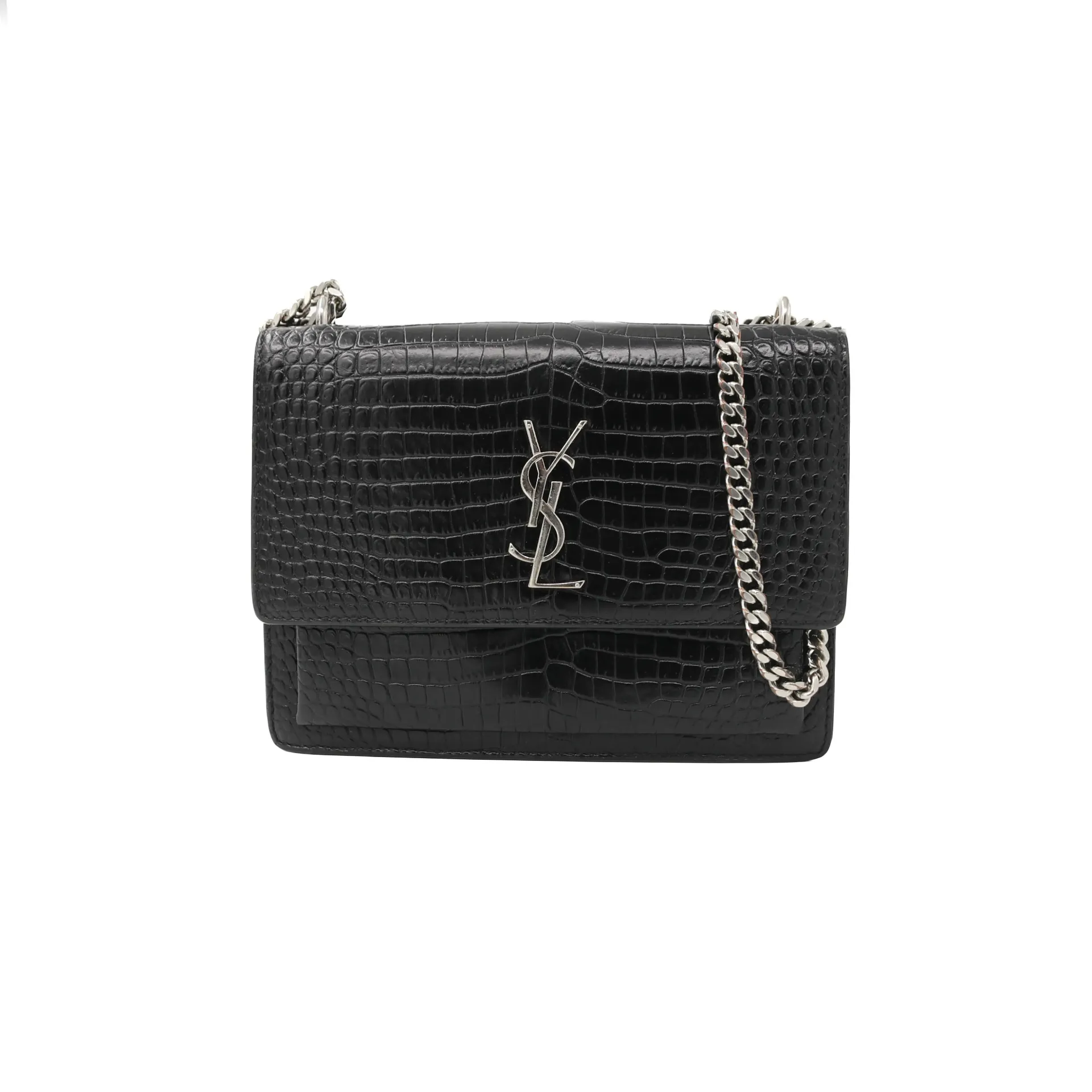Yves Saint Laurent Sunset Crocodile Embossed Leather Black Bag