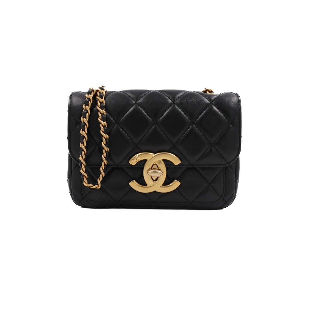 Chanel Black Matelasse Coco Mark Shiny Lambskin Flap Chain