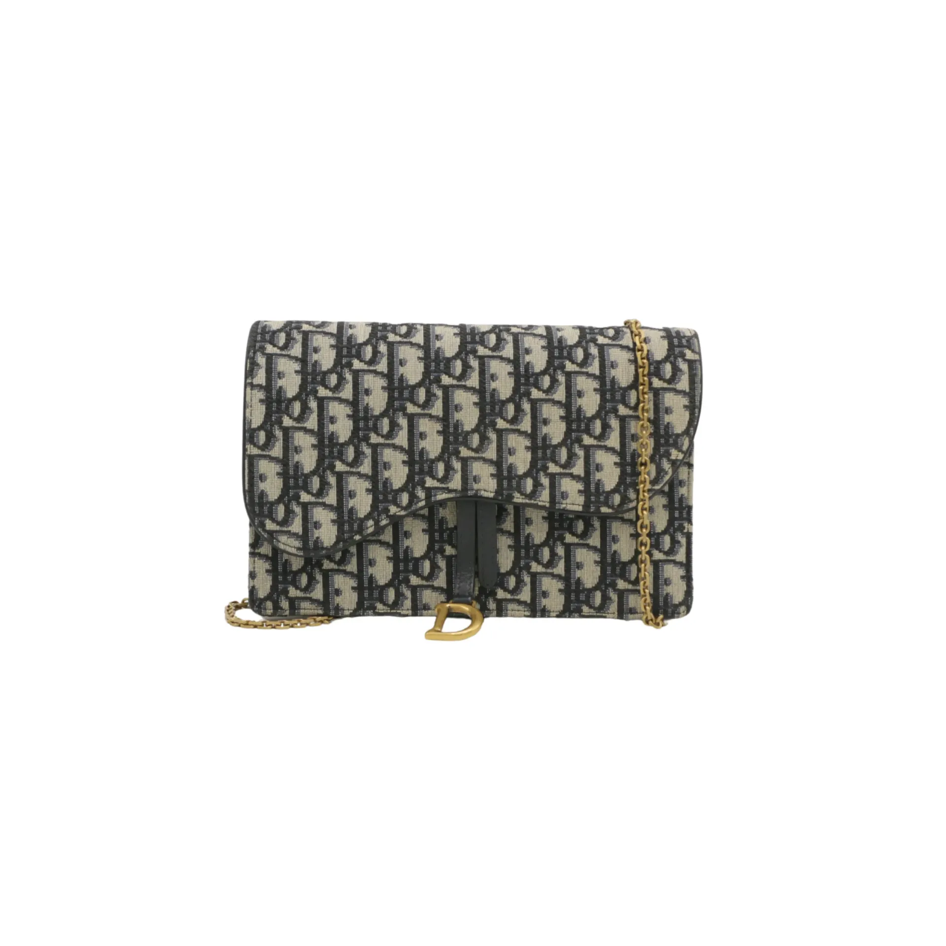 Christian Dior Oblique Jacquard Saddle Pouch with Chain Blue