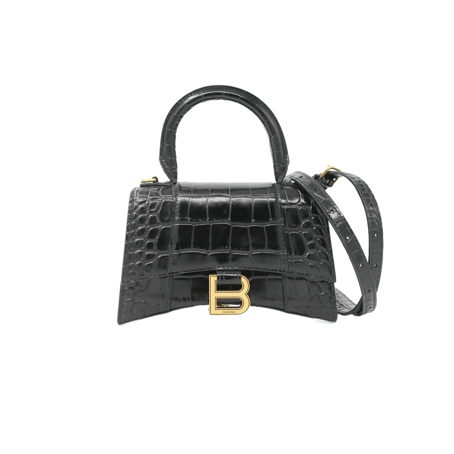 Balenciaga Calfskin Crocodile Embossed Small Hourglass Top Handle Bag